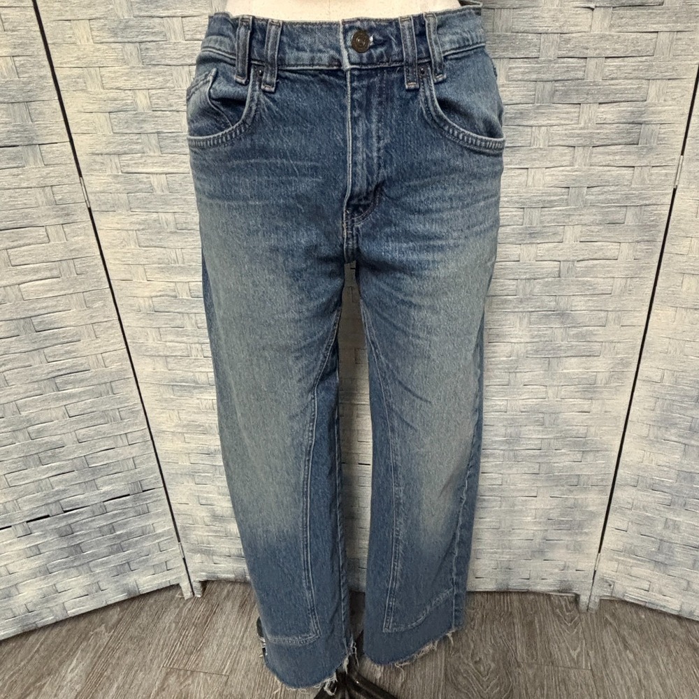 Free People We The Free 28 Risk Taker Jeans Blue High Rise Straight Raw Hem Boho - Picture 3 of 10